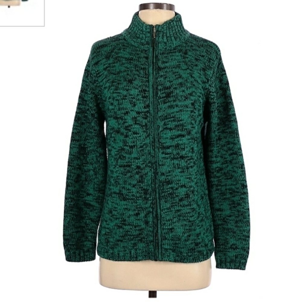 Sag Harbor Green Black Knit Zip-Up Sweater Woman's Size Small S Stand Up Collar